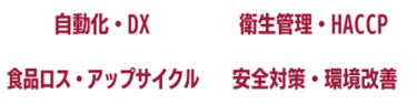 自動化・DX、衛生管理・HACCP、食品ロス・アップサイクル、安全対策・環境改善