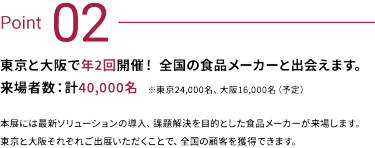 Point 02：東京と大阪で年2回開催！全国の食品メーカーと出会えます。来場者数：計40,000名 (予定)