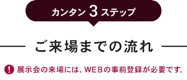 カンタン3ステップ　ご来場までの流れ　※展示会の来場には、WEBの事前登録が必要です。