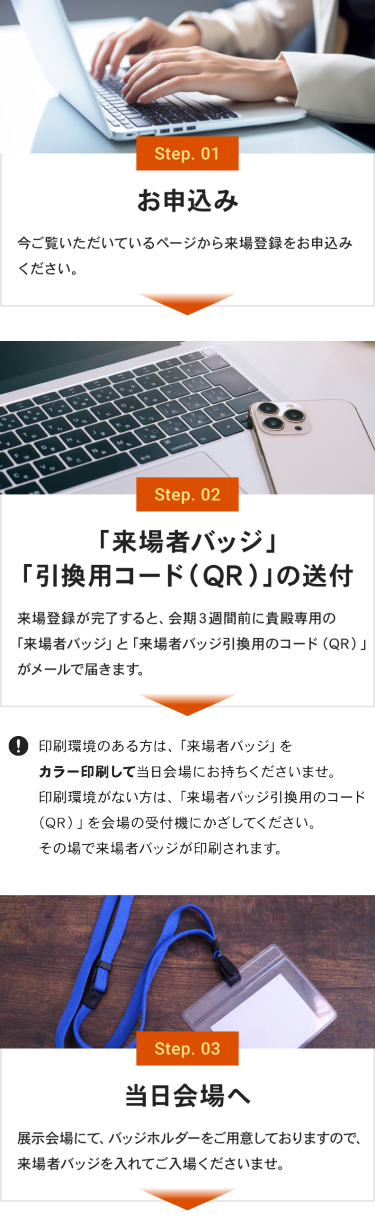 お申込み →「来場者バッジ」「引換用コード（QR）」の送付 → 当日会場へ