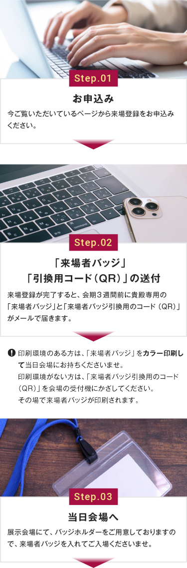 Step.01お申込み　Step.02「来場者バッジ」「引換用コード（QR）」の送付　Step.03当日会場へ