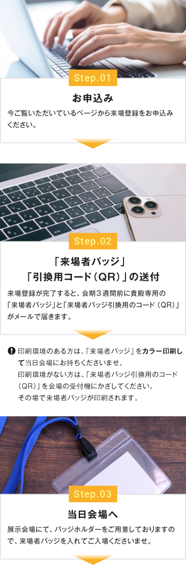 Step.01お申込み　Step.02「来場者バッジ」「引換用コード（QR）」の送付　Step.03当日会場へ